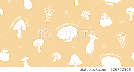 Seamless mushroom pattern in hand-drawn doodle illustration style, white colors on a pastel orange plain background. Veggie Time! Series. Seamless mushroom pattern in hand-drawn doodle illustration style, white colors on a pastel orange plain background. Veggie Time! Series. 126752508