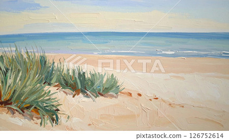Textured oil painting illustration of serene beach with lush greenery and gentle waves under bright sky 126752614