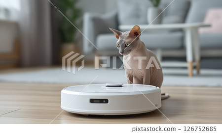 Cat observes robot vacuum in living room 126752685