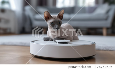 Sphynx cat sitting on the robot vacuum cleaner in living room 126752686