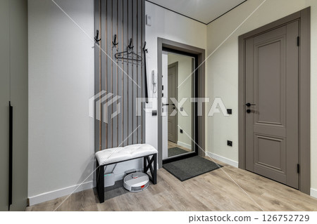 Contemporary Entryway with Mirror and Bench 126752729