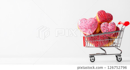 A Variety of Colorful HeartShaped Donuts Delightfully Displayed in a Shopping Cart 126752796