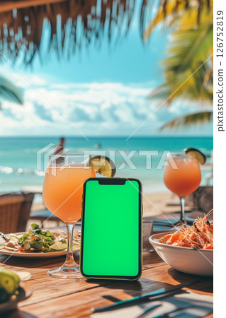Smartphone with green screen on beach restaurant table displaying tropical menu 126752819