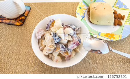 Healthy fruit salad with yogurt and dessert enjoyed in prague 126752891