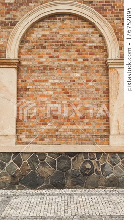 Architectural detail showing brick wall, stone pavement, and cobblestones in prague vysehrad copy space Architectural detail showing brick wall, stone pavement, and cobblestones in prague vysehrad copy space 126752895