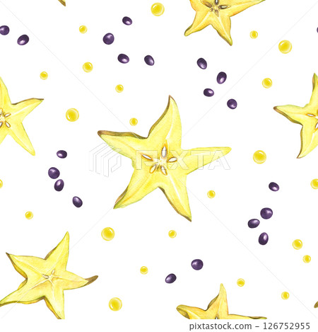 Hand painted yellow carambola slices in star shapes and black seeds seeds watercolor isolated seamless pattern. Tropical starfruit illustration tropical restaurant menu, healthy food packaging. Hand painted yellow carambola slices in star shapes and black seeds seeds watercolor isolated seamless pattern. Tropical starfruit illustration tropical restaurant menu, healthy food packaging. 126752955