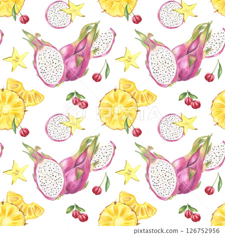 Watercolor seamless pattern of pitaya, pineapple slices and acerola berries. Pitahaya and cherries or acerola isolated ornate for healthy food packaging, summer fashion textiles and exotic home decor Watercolor seamless pattern of pitaya, pineapple slices and acerola berries. Pitahaya and cherries or acerola isolated ornate for healthy food packaging, summer fashion textiles and exotic home decor 126752956