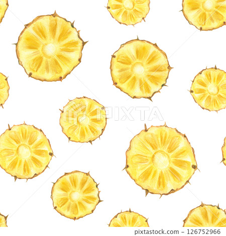 Round yellow pineapple slices watercolor seamless pattern isolated background. Hand painted sunny tropical cross section fruit illustration. Repeat ornate for kitchen textile, summer party decoration Round yellow pineapple slices watercolor seamless pattern isolated background. Hand painted sunny tropical cross section fruit illustration. Repeat ornate for kitchen textile, summer party decoration 126752966
