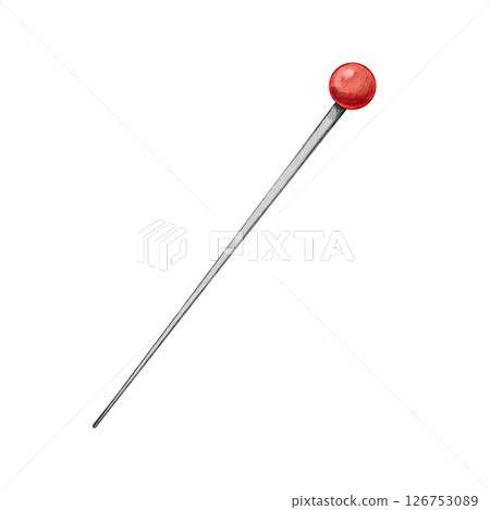 Sewing pin with a red head in the shape of a round bead. Watercolor illustration is a craft tool. It is ideal for textile design, DIY projects, visual effects for sewing clothes, handmade content. Sewing pin with a red head in the shape of a round bead. Watercolor illustration is a craft tool. It is ideal for textile design, DIY projects, visual effects for sewing clothes, handmade content. 126753089