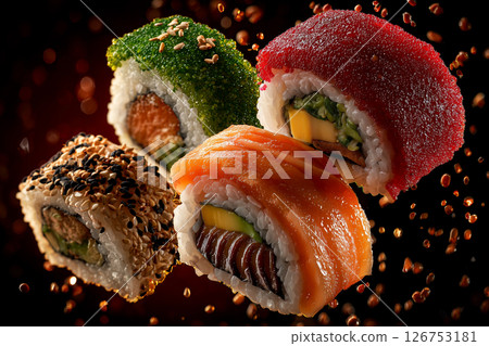Floating Sushi in Air with Studio Lighting and Dark Background for Commercial Use 126753181