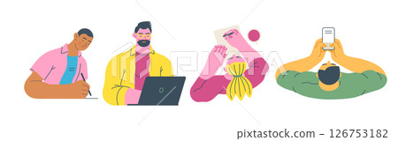 Writing people, modern flat vector concept illustrations set people writing on paper or device. Metaphor for reflection, insight, contemplation, creative expression 126753182