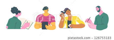 Writing people, modern flat vector concept illustrations set people writing on paper or device. Metaphor for reflection, insight, contemplation, creative expression 126753183