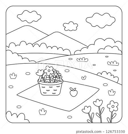 Black and white vector coloring page with picnic basket, blanket, flowers, trees, hills, and clouds. Simple line art for kids, ideal for books, worksheets, and learning activities. 126753330