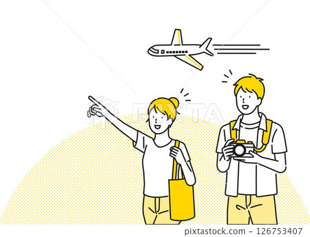 Illustration material [Travel scene]: Young men and women heading to tourist spots with an airplane in the background 126753407