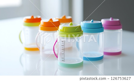 A row of colorful plastic cups with a clear plastic lid 126753627