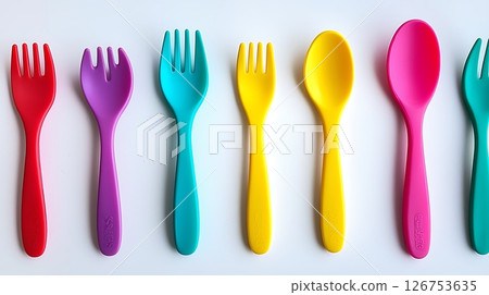 A row of colorful plastic spoons and forks A row of colorful plastic spoons and forks 126753635