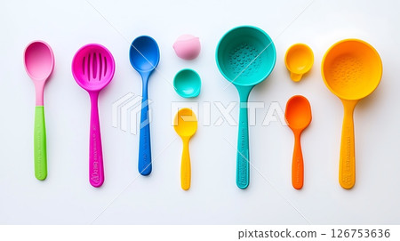 A row of colorful plastic spoons and a yellow bowl 126753636