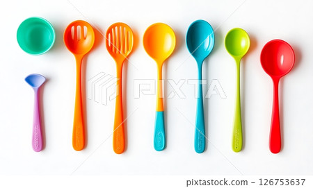 A row of colorful spoons and a bowl are shown on a white background 126753637