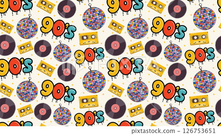 Colorful seamless pattern with 90s vibe icons like cassette, graffiti tag, disco ball, and vinyl. A funky throwback design ideal for retro themes, party prints, and youth-oriented branding. 126753651