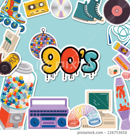 Cartoon flat style banner with 90s retro mood, framed with stickers like boombox, candy machine, CD, vinyl and disco ball. 126753658
