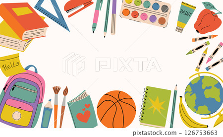 Rectangular Back to School banner in cartoon flat style with school supplies, books, pencils, backpack, paints, framing the white background. 126753663