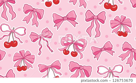 Cute coquette seamless pattern with red and pink bows, cherries, and tiny dots on soft pink background. 126753670