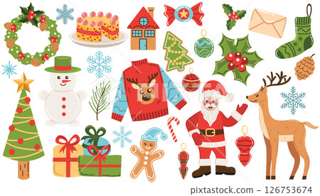 Colorful cartoon Merry Christmas clip art collection. Set of winter holidays design elements with Santa Claus Colorful cartoon Merry Christmas clip art collection. Set of winter holidays design elements with Santa Claus 126753674
