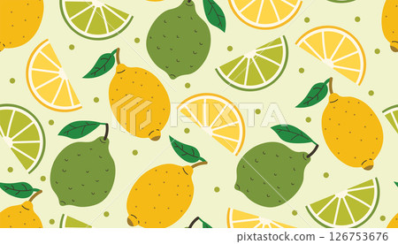 Fresh and colorful seamless pattern with whole lemons and limes, slices, green leaves and dots. Fresh and colorful seamless pattern with whole lemons and limes, slices, green leaves and dots. 126753676
