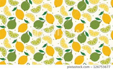 Playful seamless pattern of lemons, limes, juicy slices, leaves and dots. Bright colors and clean flat cartoon style Playful seamless pattern of lemons, limes, juicy slices, leaves and dots. Bright colors and clean flat cartoon style 126753677