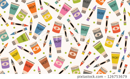 Colorful seamless pattern with crayons, gouache, oil paints, and scattered dots in messy arrangement. Colorful seamless pattern with crayons, gouache, oil paints, and scattered dots in messy arrangement. 126753679