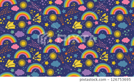 Magical seamless pattern with colorful rainbows, glowing stars, suns, and soft clouds on dark blue. 126753695
