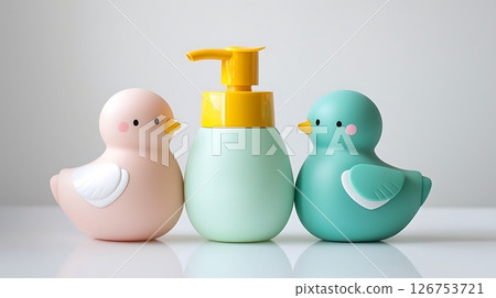 Three birds are sitting on a table with a bottle of soap in between them 126753721