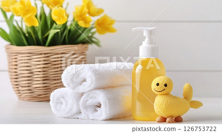 A basket of white towels sits next to a bottle of lotion and a stuffed duck 126753722