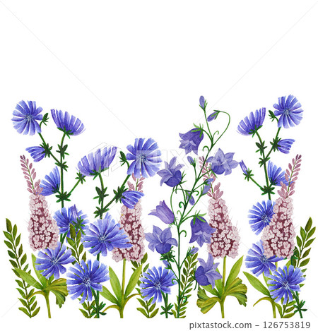 Watercolor border of hand painted colorful wildflowers and botanical greenery. Design for invitation, cards, textile and wallpaper 126753819