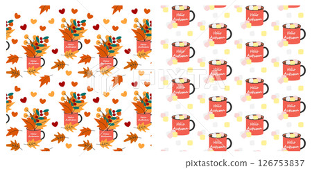 Autumn leaves Bouquet and Marshmallow cubes in a cup with Hello Autumn text Seamless Patterns Set 126753837