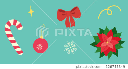 Striped Candy Cane Colorful Poinsettia and Vibrant Christmas Decoration Festive Icon Sticker design 126753849