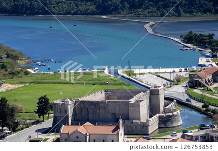 Panoramic view of Ston ancient medieval fortresses. Affordable luxury getaways in Europe 126753853