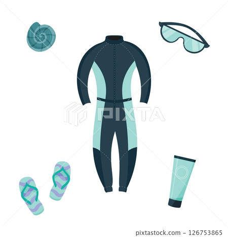 Diving gear laid out for a fun day of snorkeling at the beach Diving gear laid out for a fun day of snorkeling at the beach 126753865