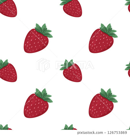 Bright red strawberries with green leaves displayed on a white backdrop. 126753869