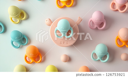 A row of colorful plastic toys with a blue one in the middle 126753921