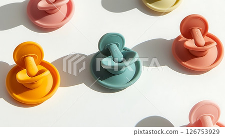 A row of colorful baby teethers are displayed on a white background 126753929