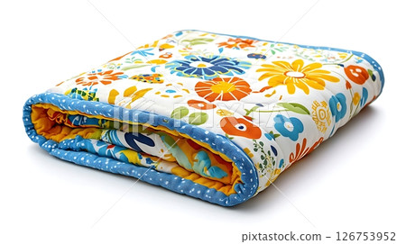A floral blanket is laying on a white background 126753952