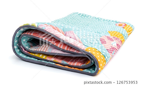 A colorful quilt with a blue and yellow border A colorful quilt with a blue and yellow border 126753953