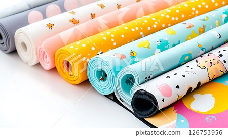 A row of colorful fabric rolls with various patterns and designs 126753956