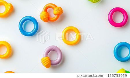 The rings are of various sizes and colors, creating a playful 126753959
