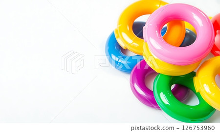 A bunch of colorful plastic rings stacked on top of each other 126753960