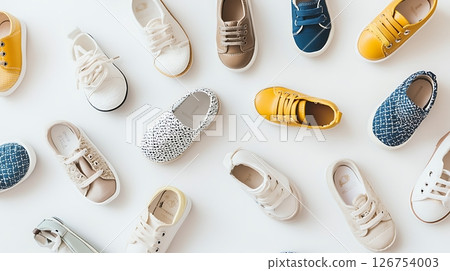 A collection of children's shoes, including white, yellow, and blue A collection of children's shoes, including white, yellow, and blue 126754003