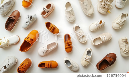 A collection of children's shoes, including some with laces and others without A collection of children's shoes, including some with laces and others without 126754004