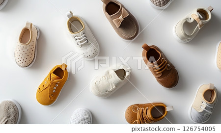 A row of baby shoes with different colors and designs A row of baby shoes with different colors and designs 126754005