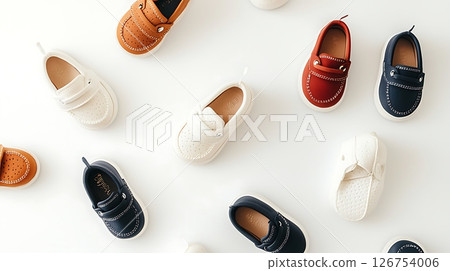 A row of children's shoes, including white, blue, and brown A row of children's shoes, including white, blue, and brown 126754006
